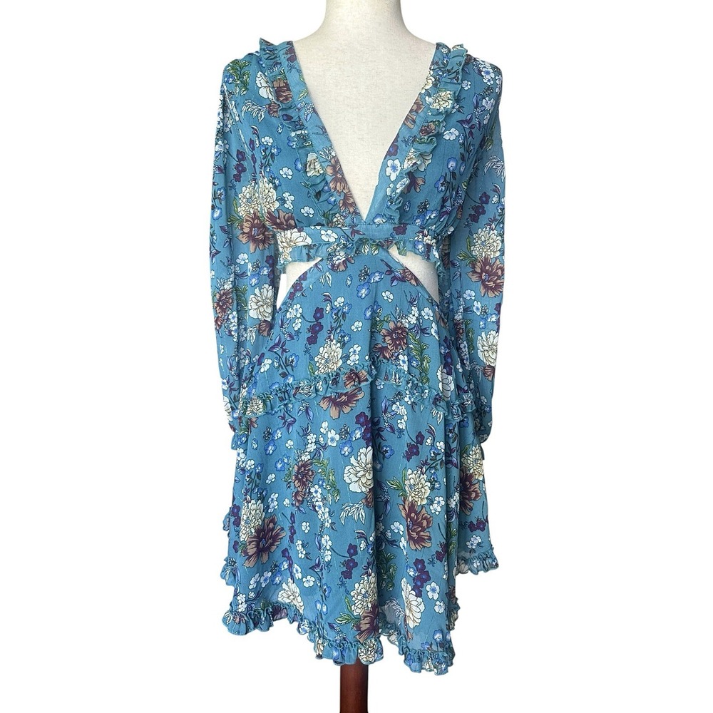 NanaMacs Floral Dress Sz Medium Ruffles Cut Out Chiffon Long Sleeve Romance
